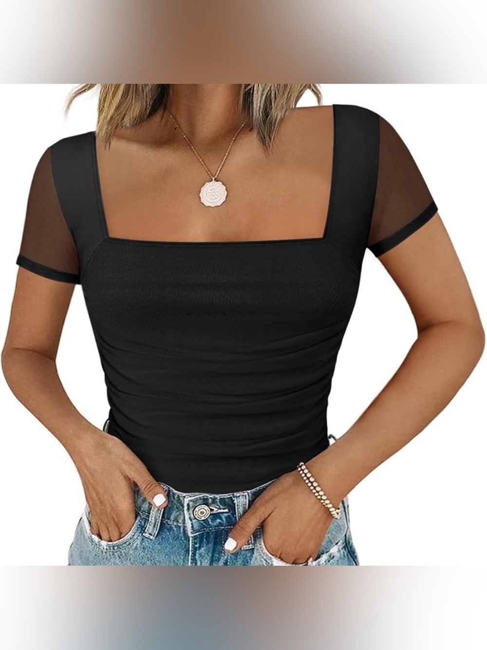 Square Neck Black Bodysuit with Sheer Short Sleeves